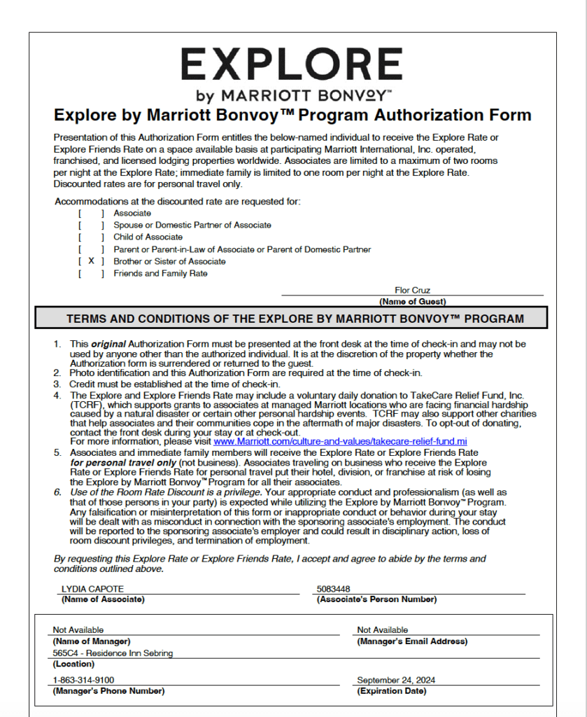Marriott Authorization Form